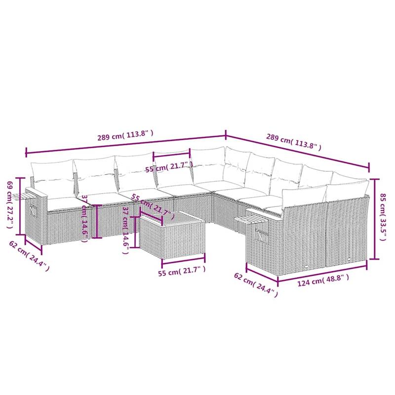 vidaXL 11 Piece Patio Sofa Set with Cushions Grey Poly Rattan (US only) - 113.8x33.5x113.8