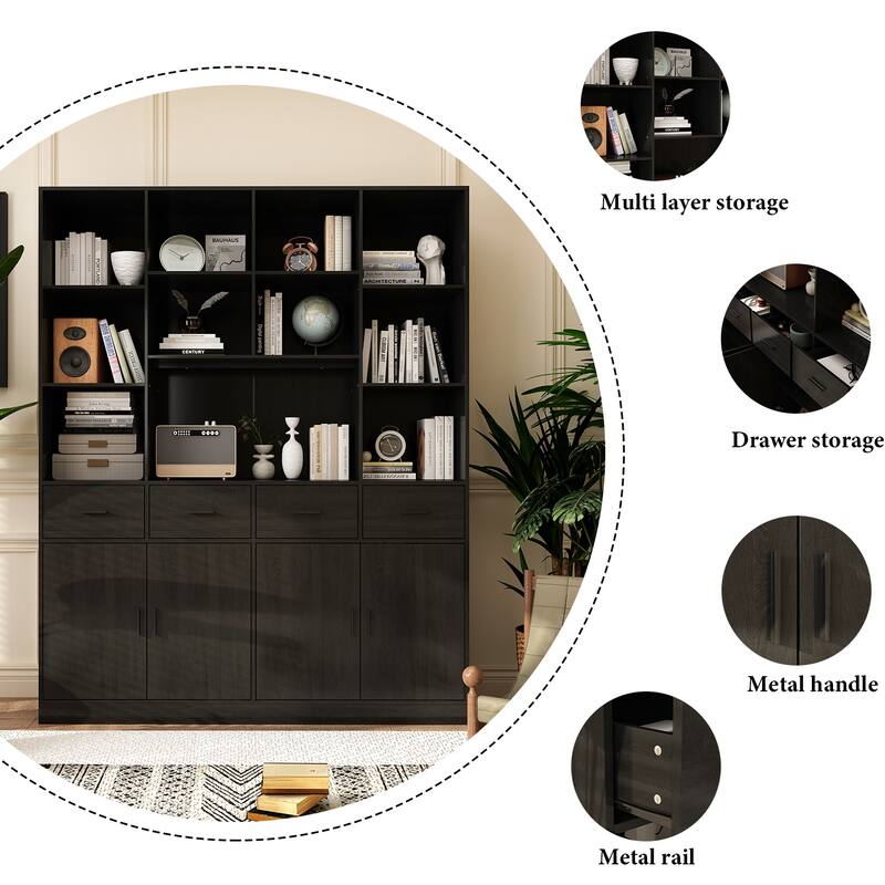 78.7" Large Bookcase,4 door, 4 drawer with Display Storage Shelves - 78.7"H x 63"W