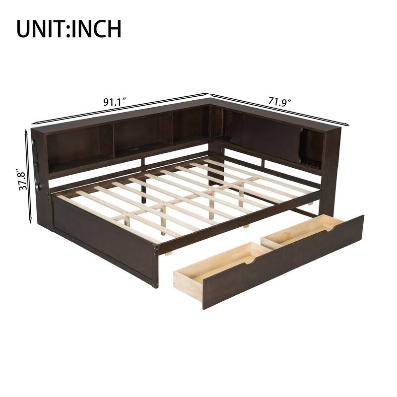 Queen Size Wood Daybed with LED Storage Shelves, USB Ports, and 2 Drawers by Harper&Bright Designs