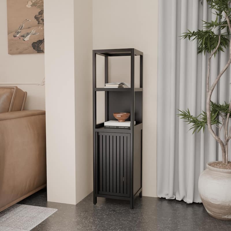 Bamboo Storage Cabinet with Doors and Open Shelves, Narrow Freestanding Tower Cabinet Accent Cabinet