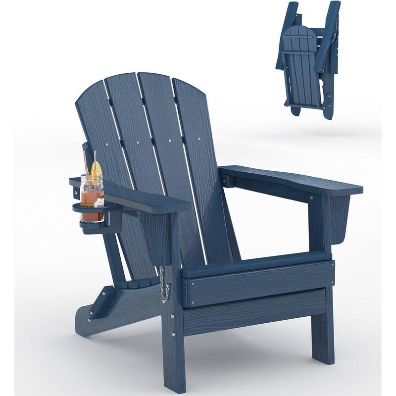 1-PieceHDPE Folding Adirondack Chair All-Weather Wood-Look with Cup Holder - Blue
