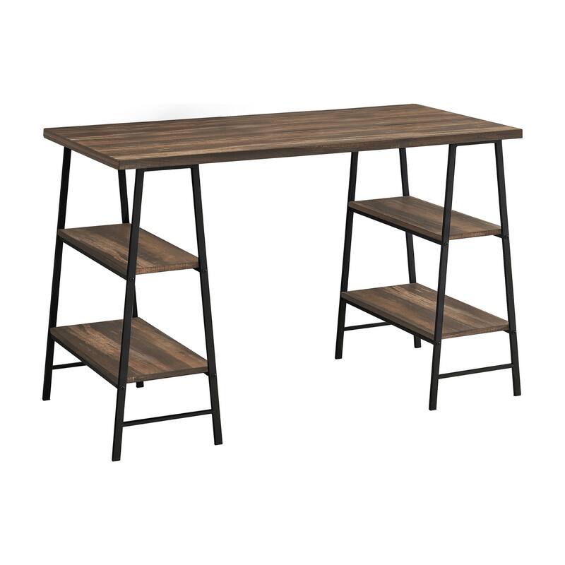 Contemporary 48" Computer Desk with 4 Open Shelves and Metal Base, Space-Saving Writing Desk for Home Office - Brown