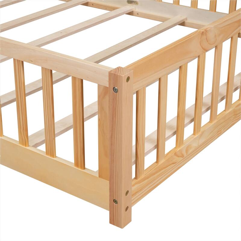 Floor Platform Bed with Fence Guardrails and Door