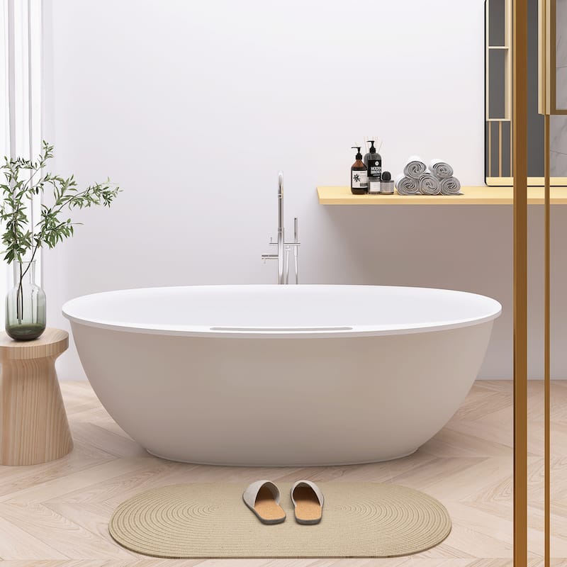 63/67 Inch Stone Resin Solid Surface Freestanding Soaking Bathtub with Center Drain in Matte White - 67" x 33.5"