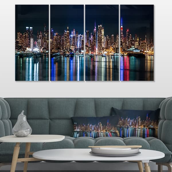 slide 2 of 13, New York Midtown Night Panorama" Cityscape Wall Art on Canvas - Blue 48 in. wide x 28 in. high - 4 Panels