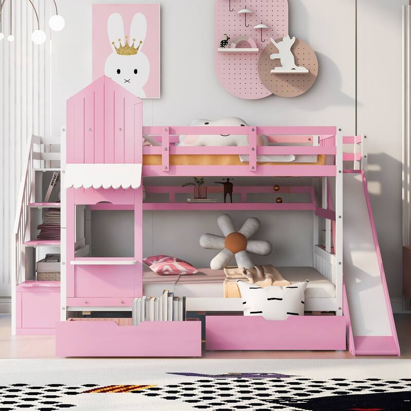 Full-Over-Full Castle Bunk Bed with 2 Drawers Shelves and Slide, Fairytale-Like Atmosphere for Your Lovely Litter Princess