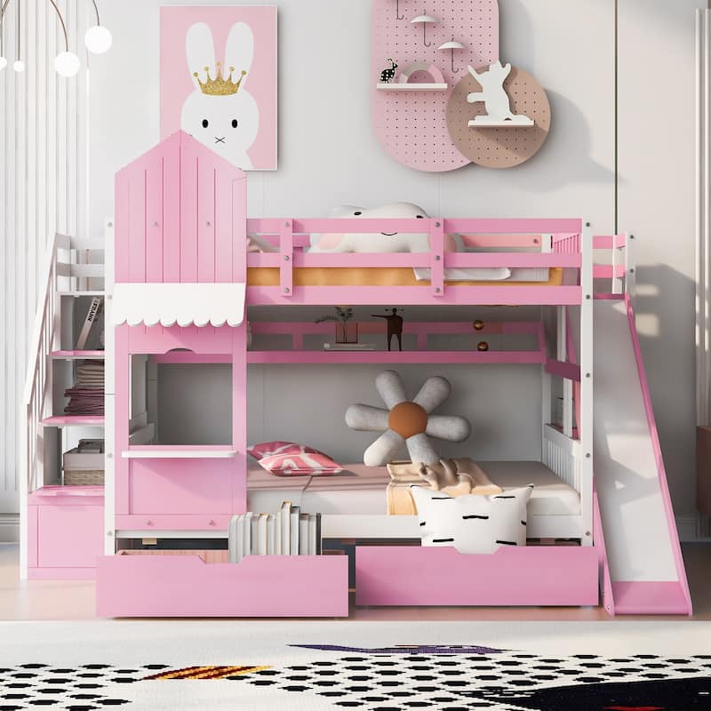 Pink Full-Over-Full Castle Bunk Bed with Drawers, Shelves, and Slide