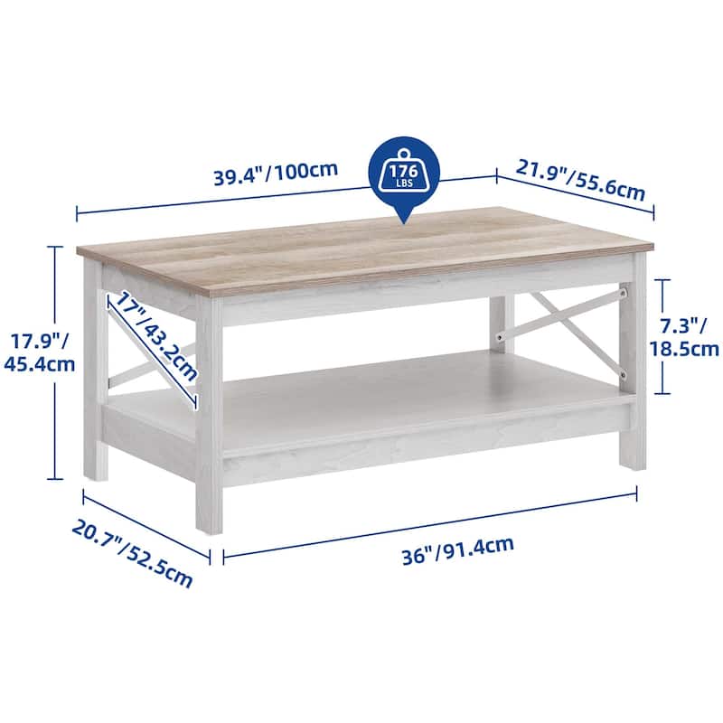 Moasis Farmhouse Coffee Table with Shelf, 2-Tier Center Table for Living Room