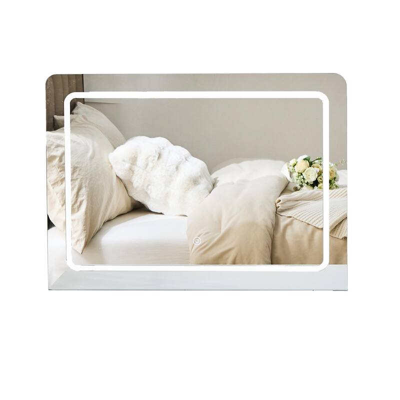 Modern Makeup Vanity Desk with LED Lights & Mirror, Extendable Dressing Table Set with Stool, 4 Drawer & Side Cabinet