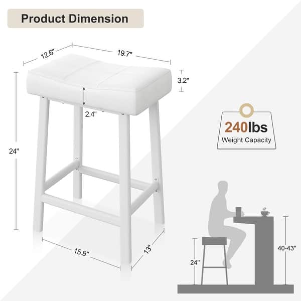 dimension image slide 2 of 4, Set of 2 Ergonomic 24" Counter Height Bar Stools with Curved PU Leather Seat, Metal Frame, Integrated Footrest, Supports 240 lbs