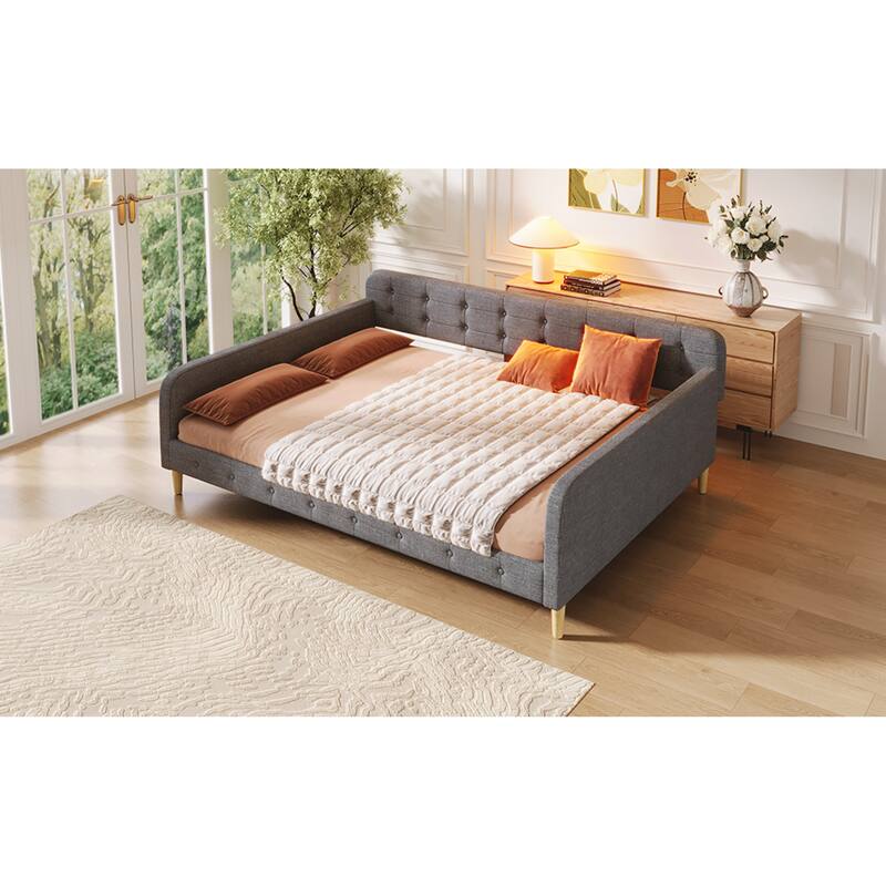 Roomfitters Queen Size Upholstered Daybed, Mid-Century Modern Sofa Bed Frame with Backrest and Tapered Wood Legs