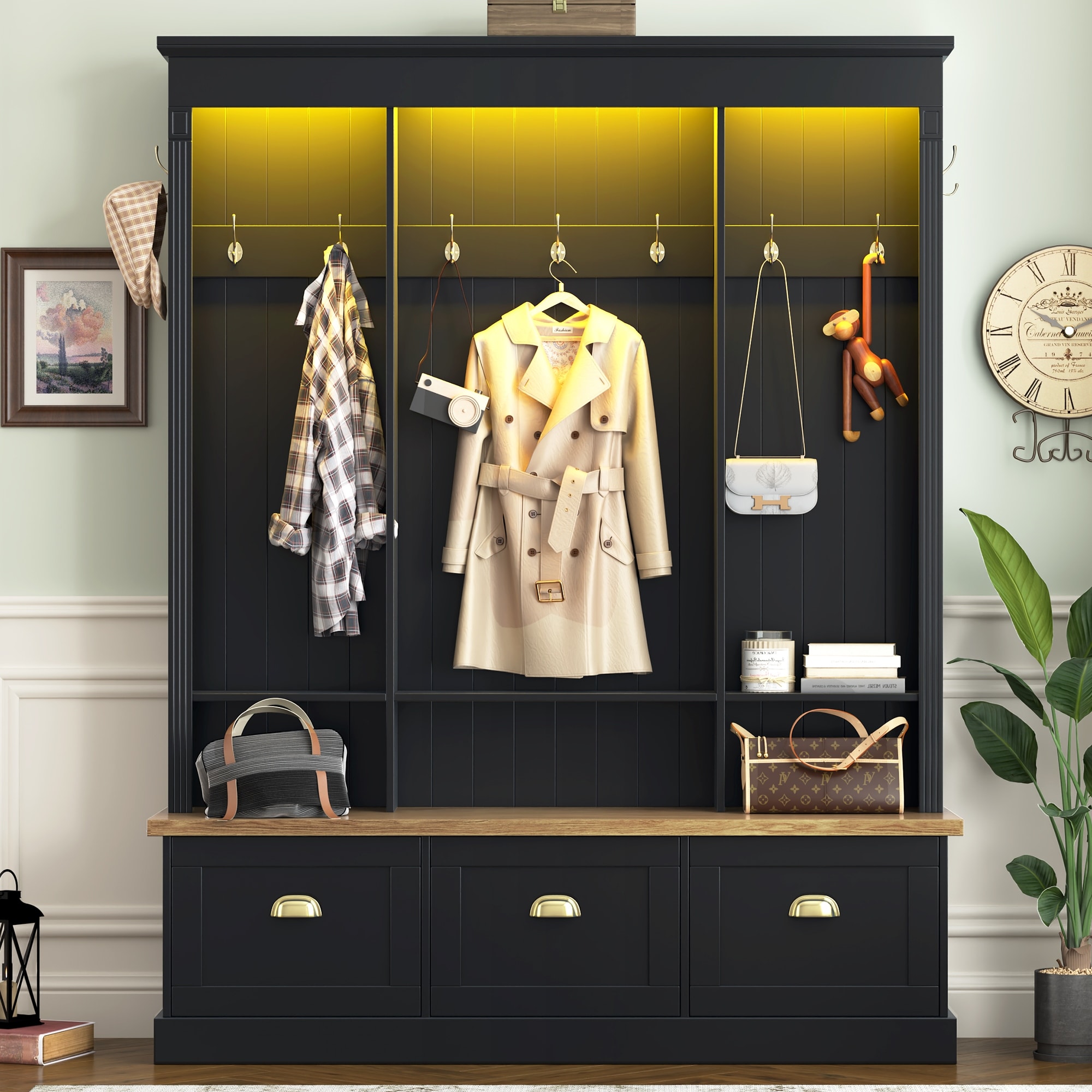 Smart Farmhouse Hall Tree – App-Controlled LED, 9 Hooks & Roman Column Design – 3 Large Cabinets & Shelves.