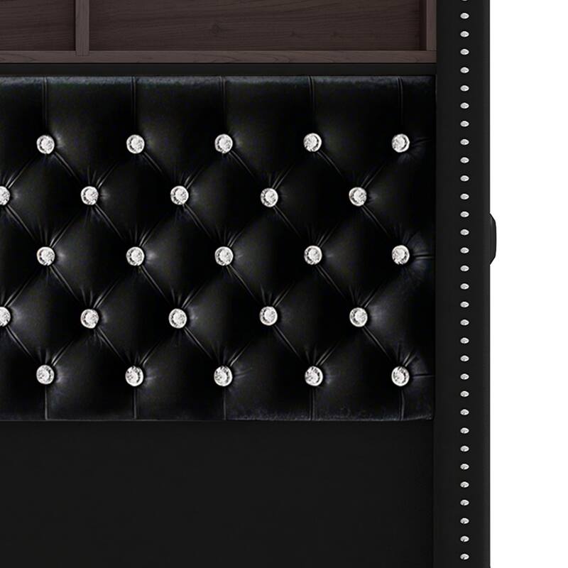 58" Tall Wingback Storage Headboard Bed Frame with USB Charging Stations and Deep Button Tufted