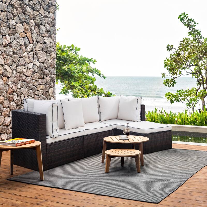 York 4-Piece Outdoor Patio Modular Sectional Sofa with Cushions - Brown/White