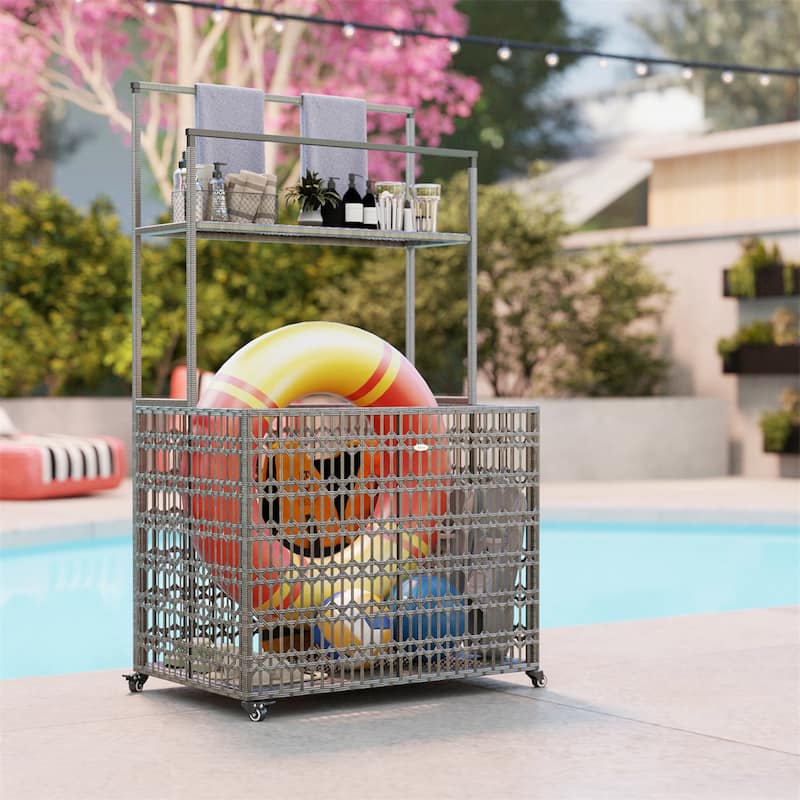Wicker Pool Storage Basket with Wheels Shelf and Steel Frame for Outdoor Pool Supplies Organization