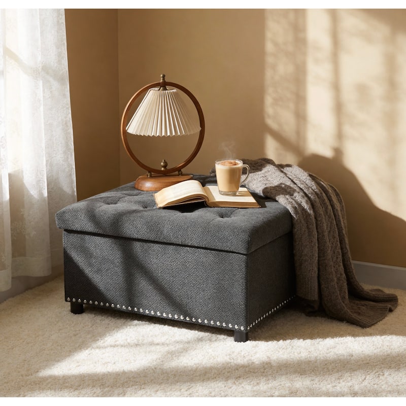 Square Tufted Upholstered Storage Ottoman with Nailhead Trim - DARK GREY