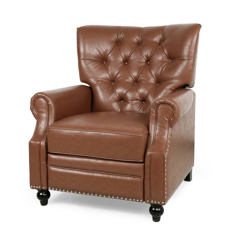 Recliner Chair, Turned Legs, Light Brown Button Tufted Faux Leather