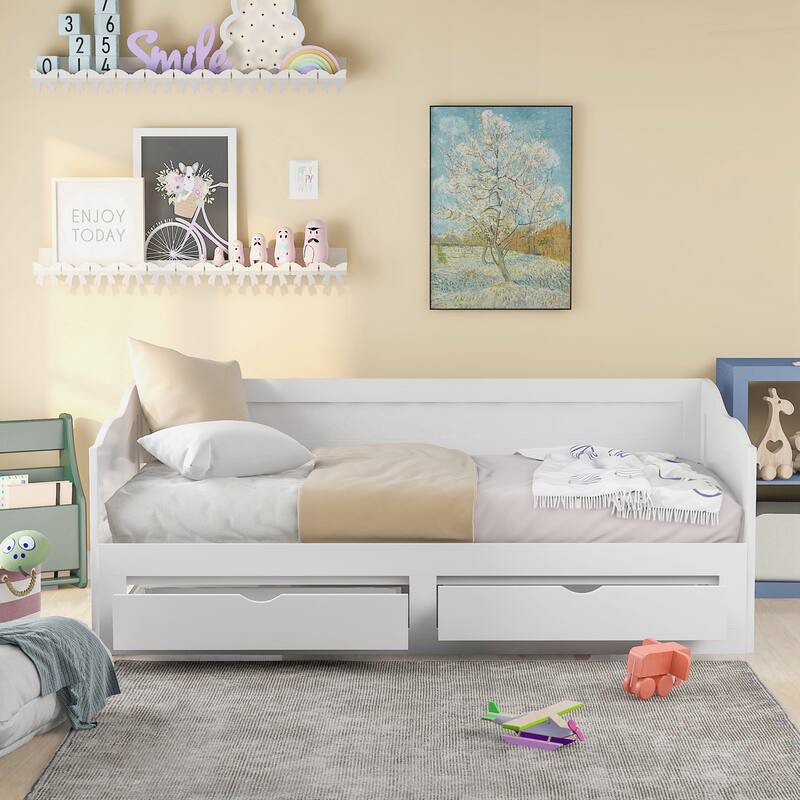 Wooden Daybed with Trundle Bed and Two Storage Drawers