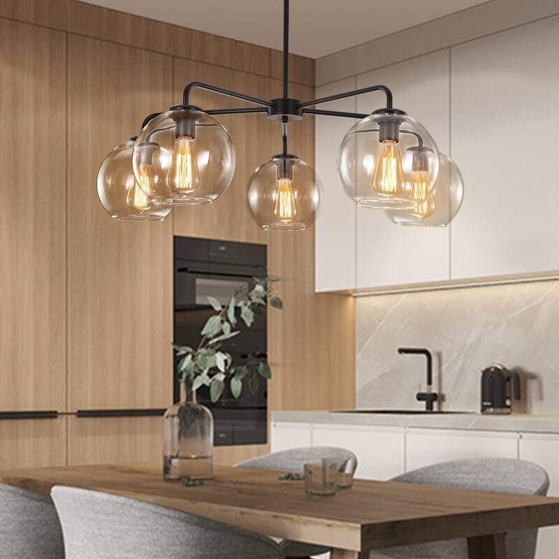 Mid-century 5-light Glass Globe Bubble Round Chandelier - 35in Wide - Black
