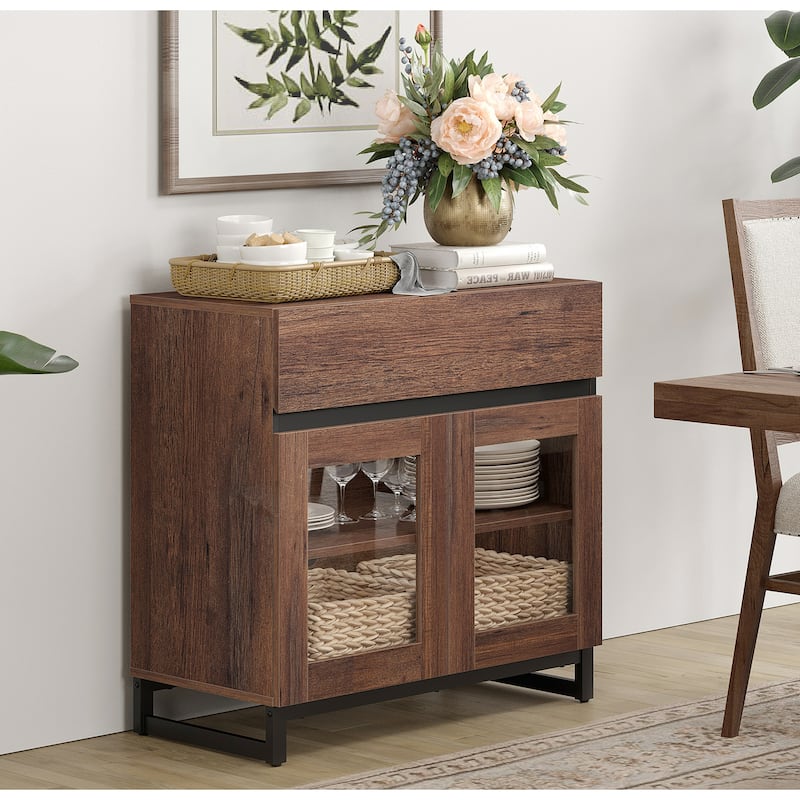 WAMPAT Multifunctional Sideboard Buffet Cabinets with 6 Glass Doors and Drawers, Modern Sideboard, Coffee Bar Storage Cabinet - 1PACK - Brown