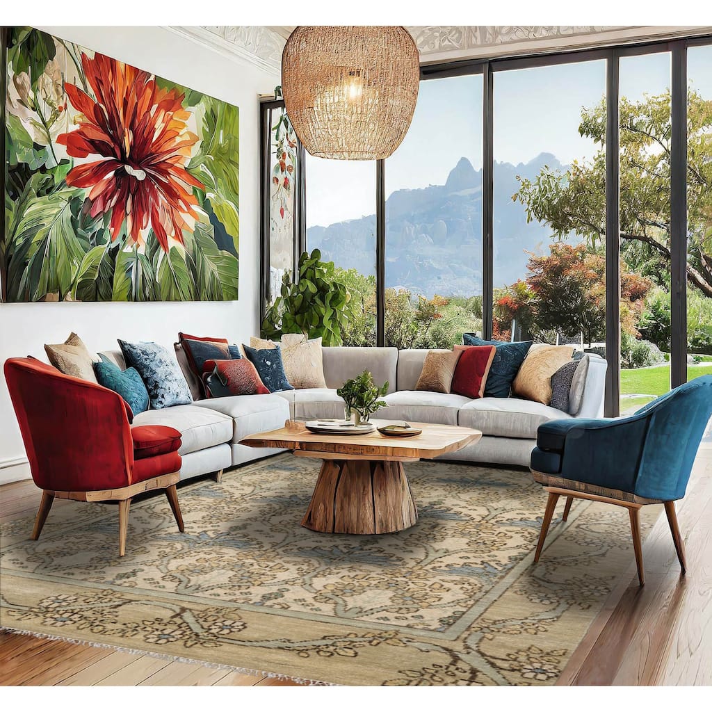 Hand Knotted Beige Arts & Craft William Morris Oushak Wool Area Rug