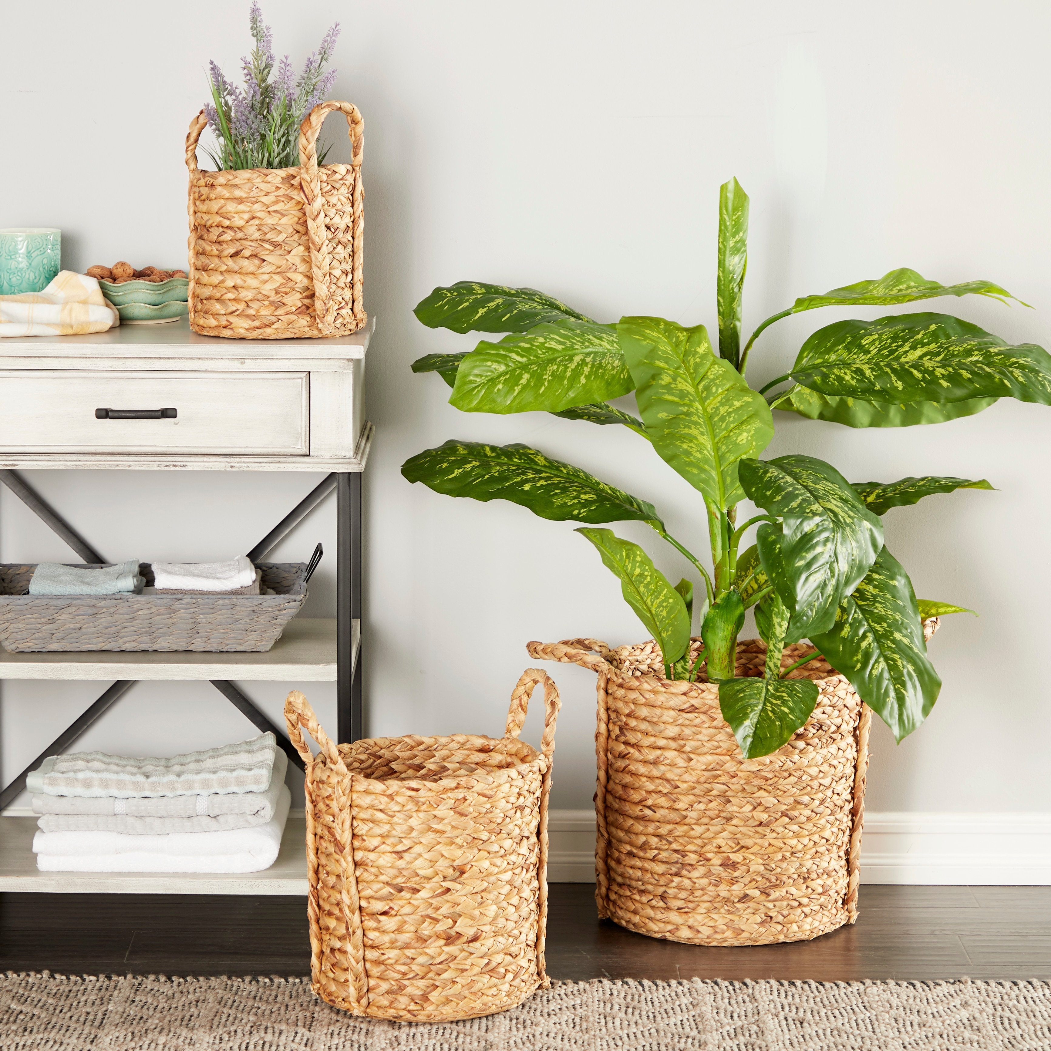 Brown Seagrass Handmade Woven Decorative and Functional Storage Basket with Extended Handles (Set of 3) - S/3 20