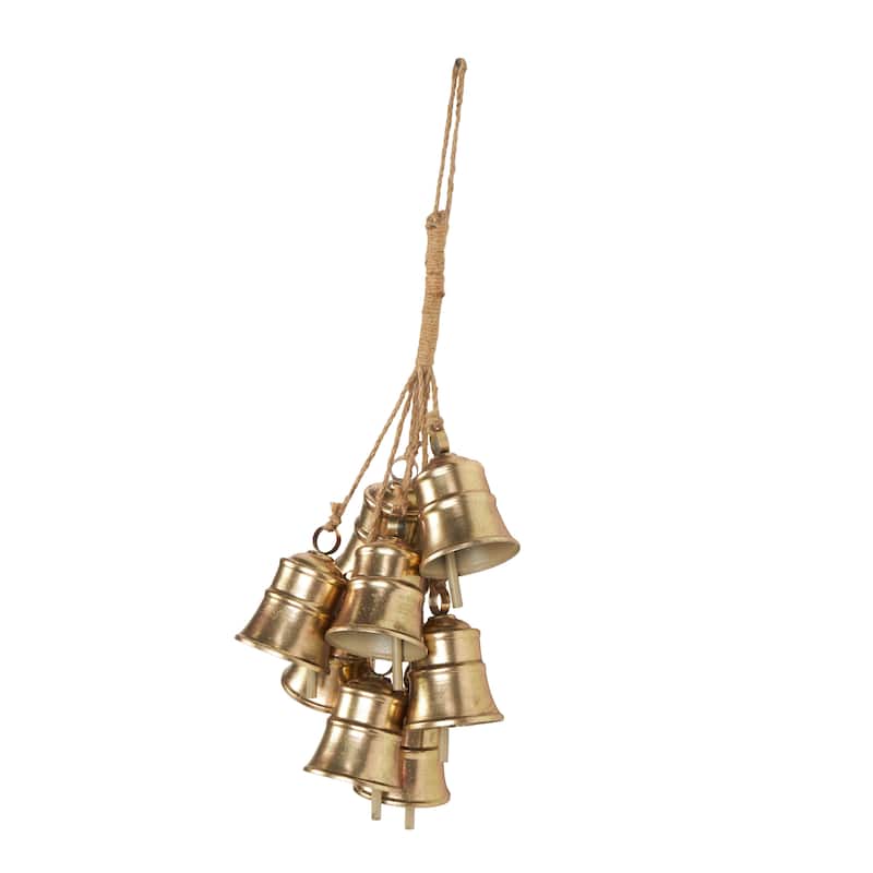 Metal Cascading Cluster Decorative Bells with Jute Hanging Rope - Gold - Roche River Decor