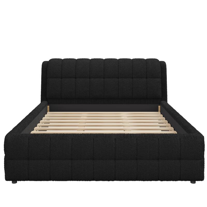 Modern Upholstered Platform Bed Frame Grounded Bed Frame with Striped Headboard/Wood Slats Support/No Box Spring/Easy Assembly