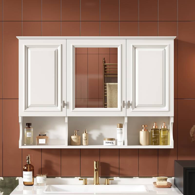 Roomfitters 41 Inch Mirror Medicine Cabinet with Open Shelves, Wall Mount Storage with Adjustable Shelf & Doors - White