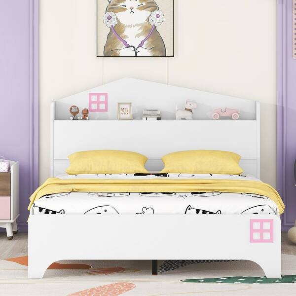 slide 2 of 9, Fairytale House-Shaped Headboard Platform Bed with Storage Headboard for Boys Girls, Wood Slat Support for Full Mattress, White White - Full