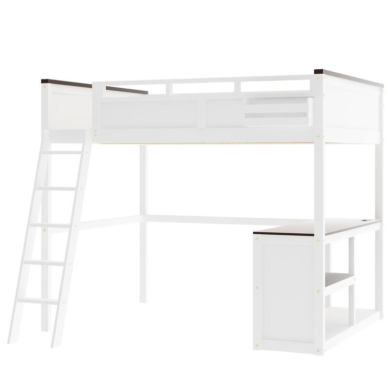 Queen Size Loft Bed with Desk, Open Shelf and Charging Station, Multi-functional Bed Frame with Ladder