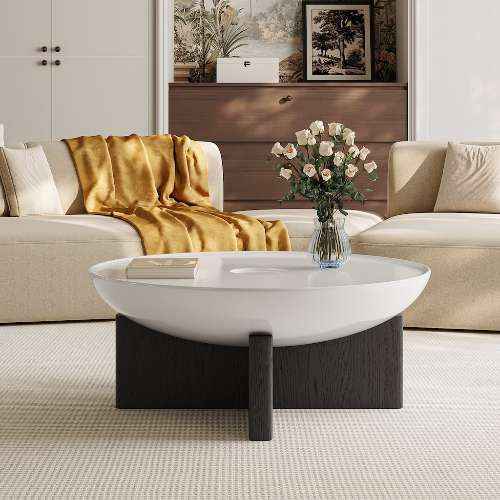 35.4" Modern Round Coffee Table - White Tabletop with Black Wood Cross Base, Sturdy Center Table for Living Room