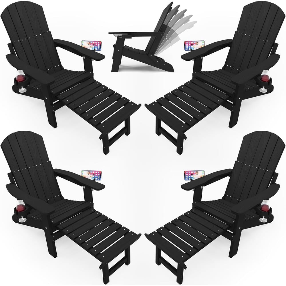 WINSOON All Weather HIPS Folding Adirondack Chair 5-Gear Adjustable Backrest Chairs with Retractable Ottoman Set of 4