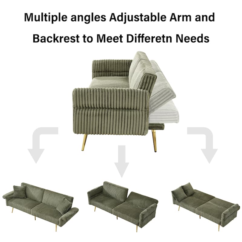 79" Corduroy Foldable Sofa Bed with 3-Position Armrests, High-Resilience Foam, and Metal Legs