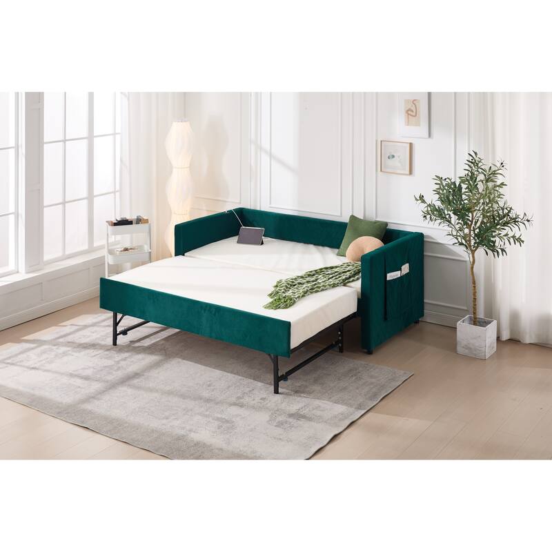 Twin Size Velvet Daybed with Trundle, USB Charging Port & Side Pockets, Modern Upholstered Sofa Bed with V-Pattern Backrest