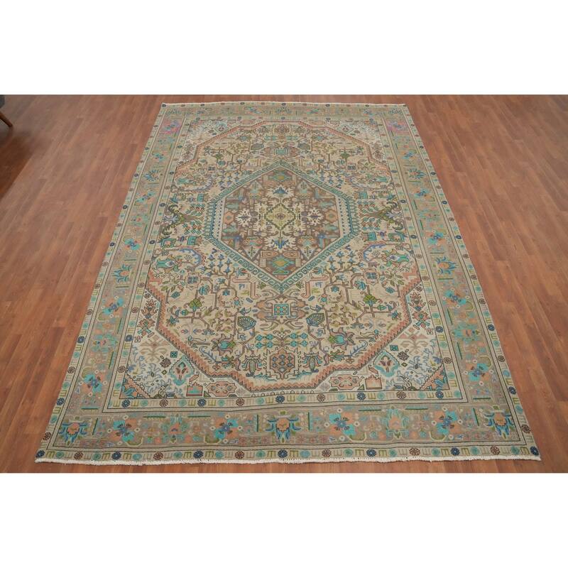 Hand Knotted Oriental 100% Wool Carpet Traditional Floral Beige & Ivories Tabriz Area Rug - 11' 5'' X 8' 2''