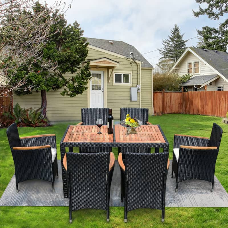 7 Piece All Weather Rattan Patio Dining Set with Acacia Wood Tabletop and Removable Cushions - Black+Cream