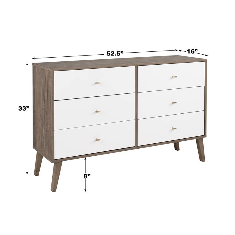 Prepac Milo Mid-Century Modern 6 Drawer Double Dresser for Bedroom, Chest of Drawers, Contemporary Bedroom Furniture