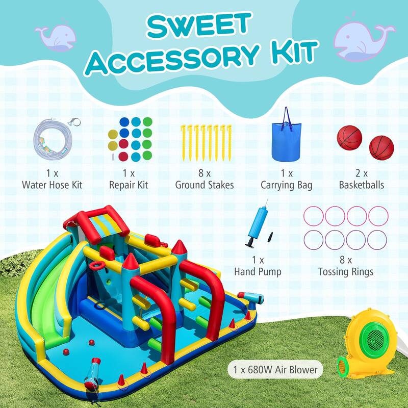 Large Inflatable Water Slide Park for Kids with Double Slides Bounce House Water Cannons 680W Blower