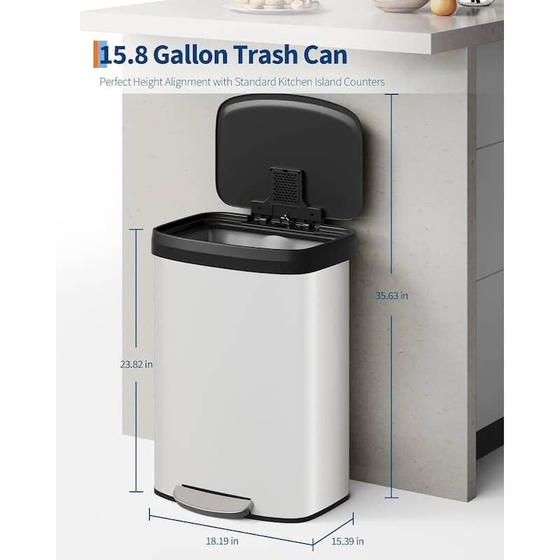 16 Gal Step-on Stainless Steel Trash Can with Soft-Close Lid for Home, Kitchen, Office