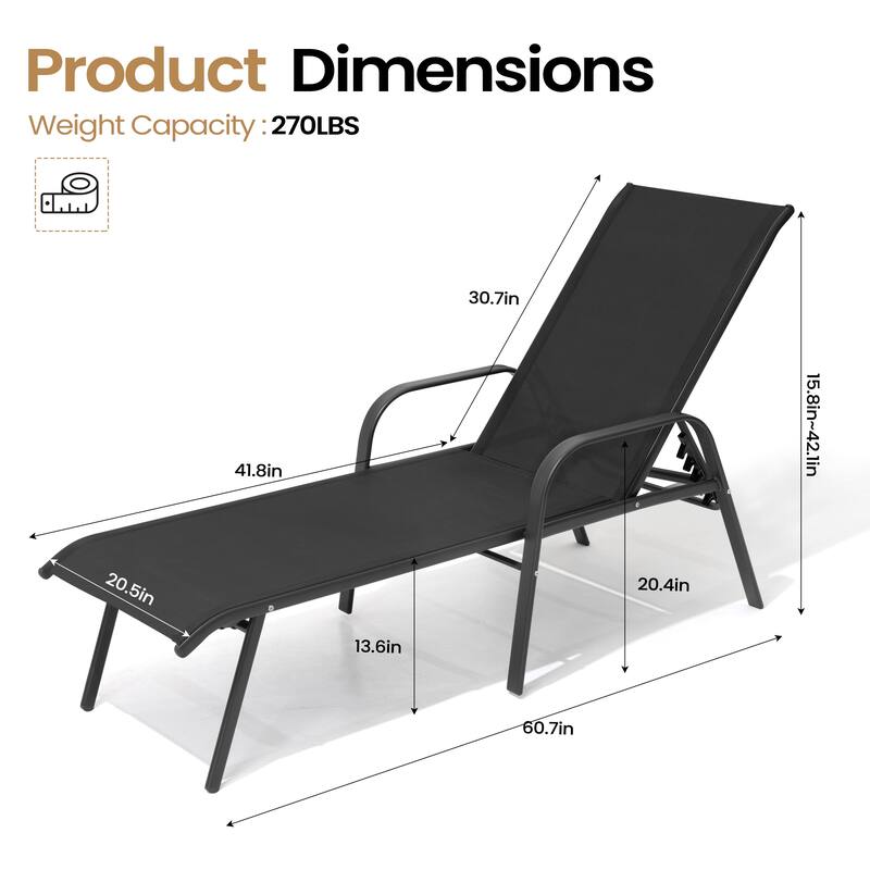 Outdoor Patio Adjustable Back Chaise Lounges Chairs with Arms(Set of 2 )