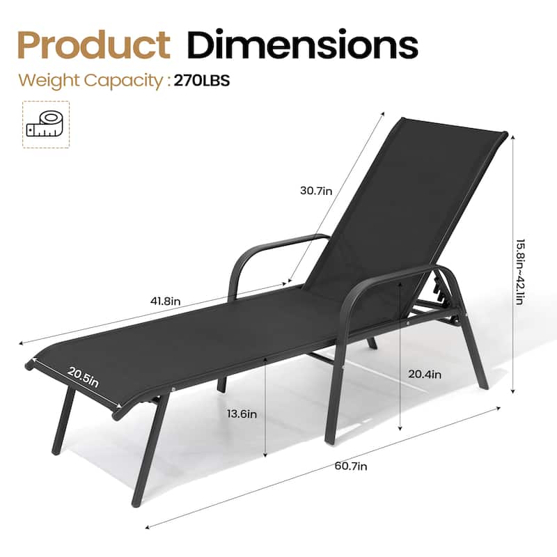 Set of 4 Outdoor Patio Adjustable Back Chaise Lounges Chairs with arms