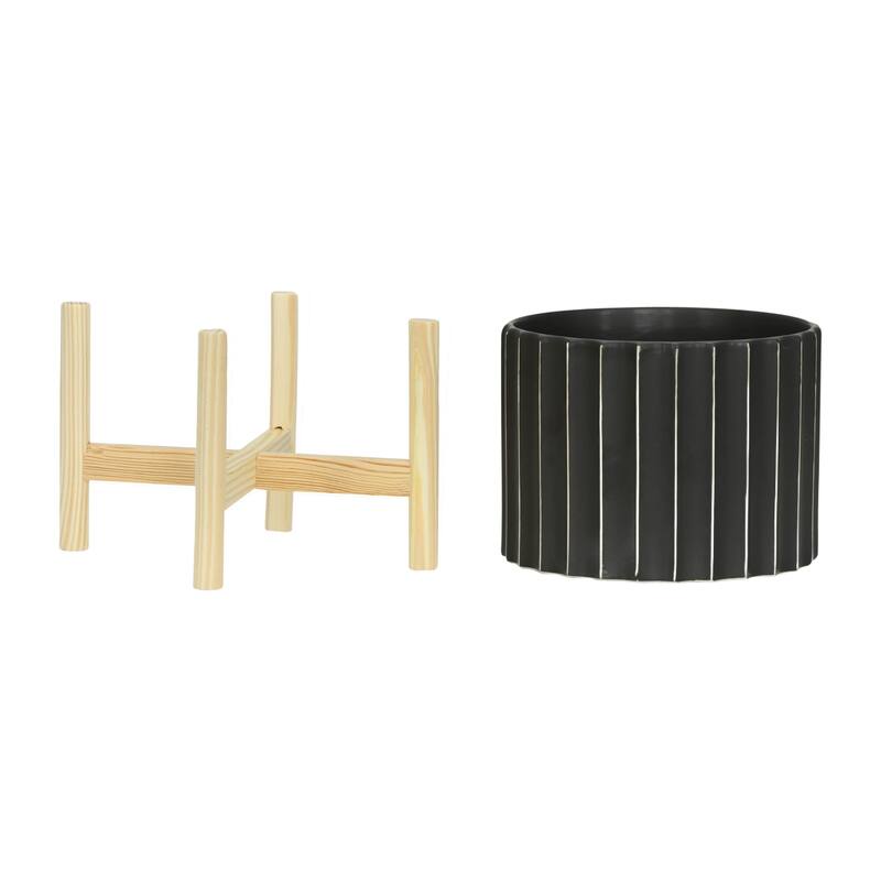 Ceramic Fluted Planter with Wood Stand - Black
