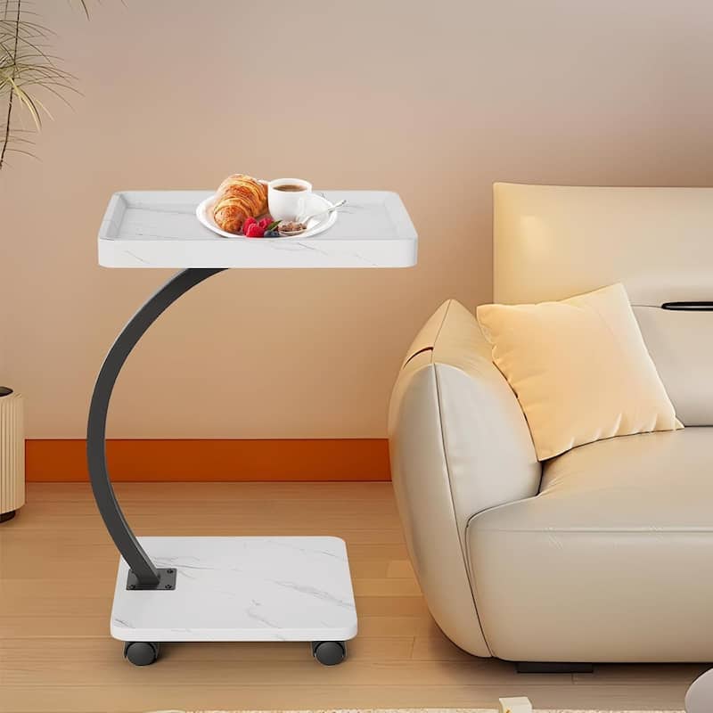 C-Shaped Side Table with Wheels, End Table for Small Spaces - White