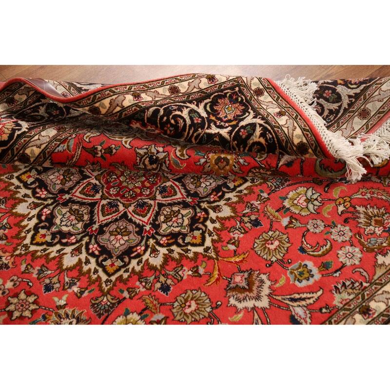 Hand-Knotted Red Floral Wool & Silk Tabriz Persian Rug - 5'1"x 6'9"