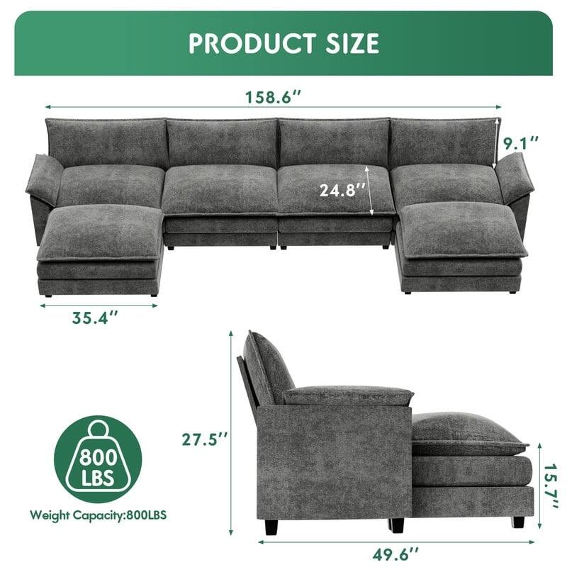 Furniwell 4 Seats U-Shaped Sectional Sofa with 2 Movable Ottomans Modern Fabric Convertible Modular Couch for Living Room