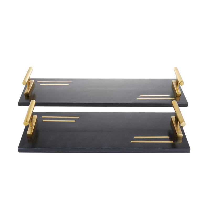 Black Marble Living Room Decor Tray with Gold Handles (Set of 2) - 22 x 8 x 3