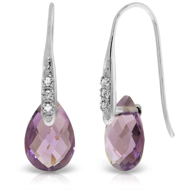 14K Solid Gold Fish Hook Earrings w/ Diamonds & Dangling Amethysts - White