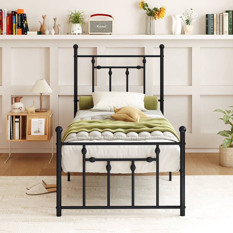 Metal Bed Frame with Built-In Headboard for Strong Support