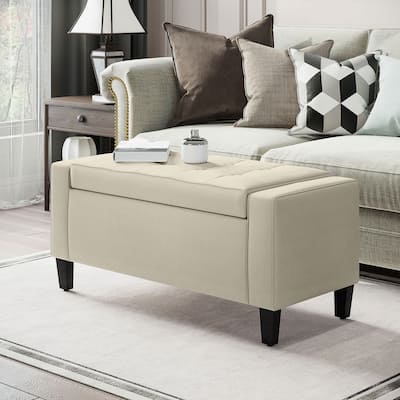 Beige Linen Upholstery Storage Ottoman with Rubberwood Legs and Soft Foam Seat for Living Room or Bedroom